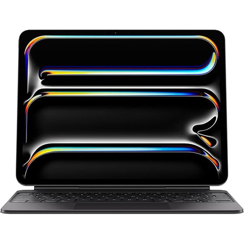 Laptop with a reflective black surface and colorful reflections on a white background. Front and back view of the ultra-thin 11-inch Apple iPad Pro with M4 chip Wi-Fi + Cellular model, showcasing its advanced Tandem OLED display and premium aluminum unibody design on a white background.
