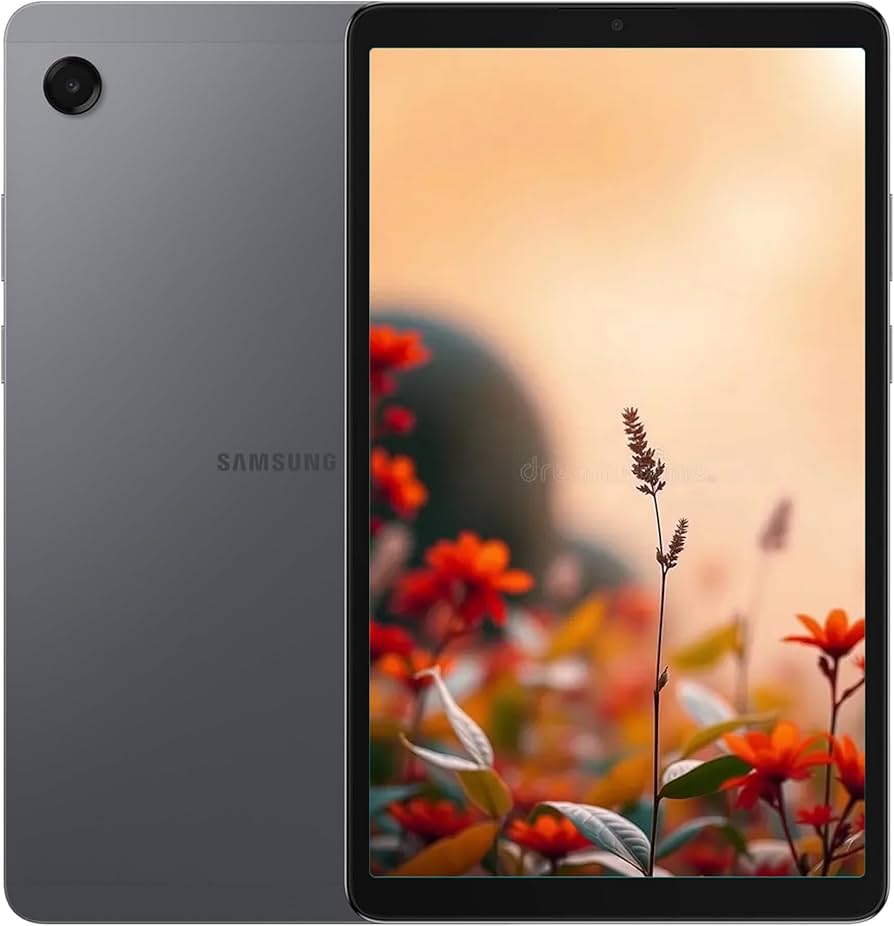 Samsung tablet with a nature-themed display showing flowers and a sunset.