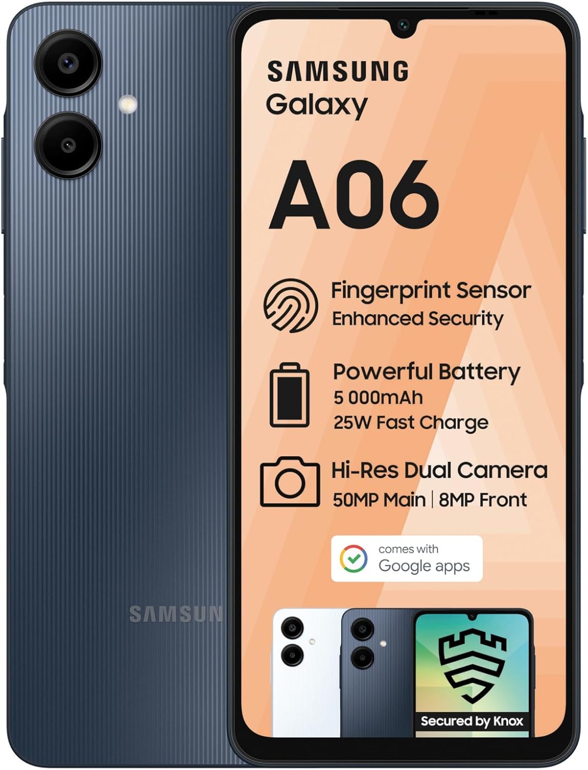 Front and back view of the Samsung Galaxy A06 5G, showcasing the large immersive teardrop notch display and the modern patterned rear panel with a sleek glossy finish.