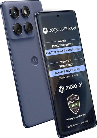 Close-up combo view of Motorola Edge 60 Fusion 5G, highlighting the ultra-slim bezels of the 6.67-inch display and the modern multi-camera array with a matte finish back.