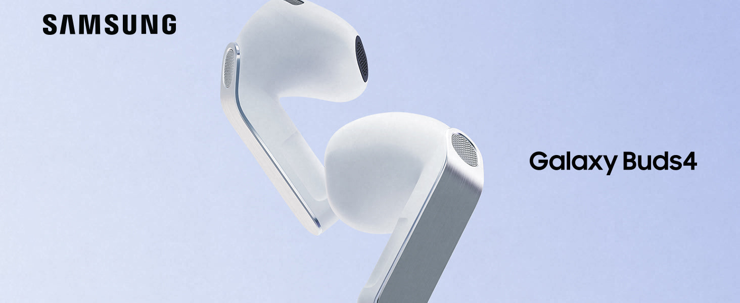Person wearing white Samsung Galaxy Buds4 wireless earbuds during a workout, showing secure fit and sleek design.