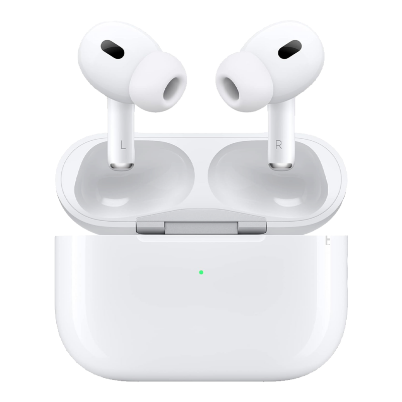 Front profile of a single Air-Pods Pro 2 earbud, emphasizing the white silicone ear tip, black acoustic vent mesh, and the touch-sensitive control groove on the stem.
