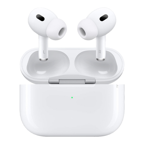 Front profile of a single Air-Pods Pro 2 earbud, emphasizing the white silicone ear tip, black acoustic vent mesh, and the touch-sensitive control groove on the stem.