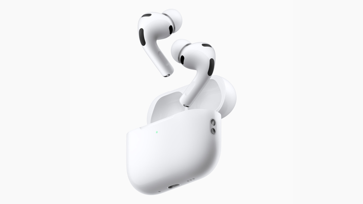 Front view of the Apple Air-Pods Pro 3rd Generation with the wireless charging case open, showcasing the sleek white premium Bluetooth earbuds with silicone ear tips. 