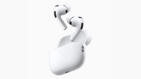 Front view of the Apple Air-Pods Pro 3rd Generation with the wireless charging case open, showcasing the sleek white premium Bluetooth earbuds with silicone ear tips. 
