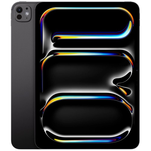 Phone case with reflective, multicolored design on a black background. Close-up rear view of the 11-inch Apple iPad Pro M5 Wi-Fi model, highlighting its advanced square camera module, integrated LiDAR scanner, and flash.