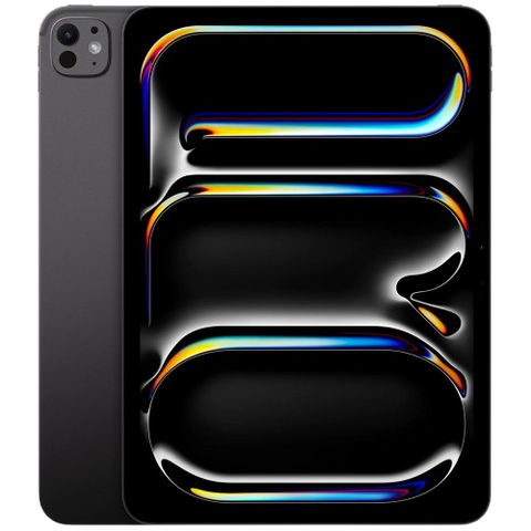 Phone case with reflective, multicolored design on a black background. Close-up rear view of the 11-inch Apple iPad Pro M5 Wi-Fi model, highlighting its advanced square camera module, integrated LiDAR scanner, and flash.