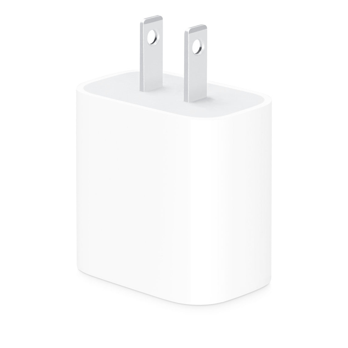 White power adapter on a white background.  Front angled view of the compact Apple 40W dual USB-C port power adapter, featuring a sleek glossy white unibody design on a clean white background.