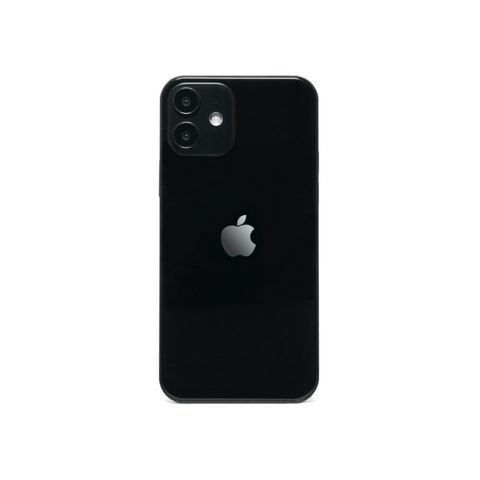 Black iPhone with dual camera and Apple logo, sleek design for mobile use