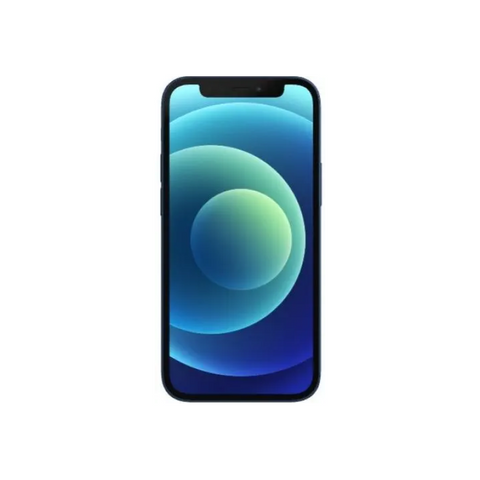 iPhone 12 with blue-green gradient wallpaper, sleek black frame, front view on white background