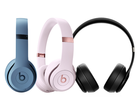 Three pairs of Beats headphones in different colours on a white  Beats Solo 4 On-Ear Wireless Headphones background.  