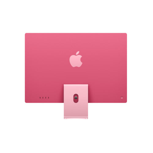 Pink Apple device with logo on a white background. Rear view of the 24-inch Apple iMac M3 showcasing its vibrant aluminum back panel, large glossy Apple logo, power button, and Thunderbolt ports.