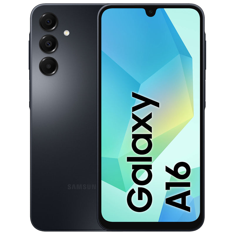 Front and back view of Samsung Galaxy A16 4G smartphone featuring a 6.7-inch display with a waterdrop notch and a triple rear camera setup on a white background.