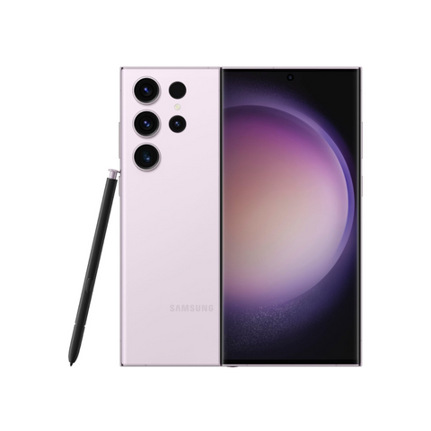 Samsung Galaxy S23 Ultra smartphone in lavender color with a stylus, showcasing the front screen display and rear camera array.