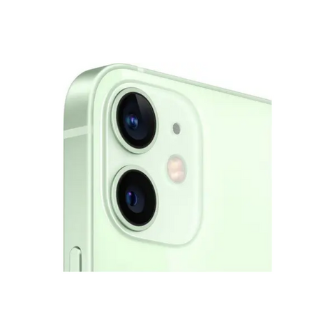 Green iPhone 12 with dual camera lenses and flash, sleek design