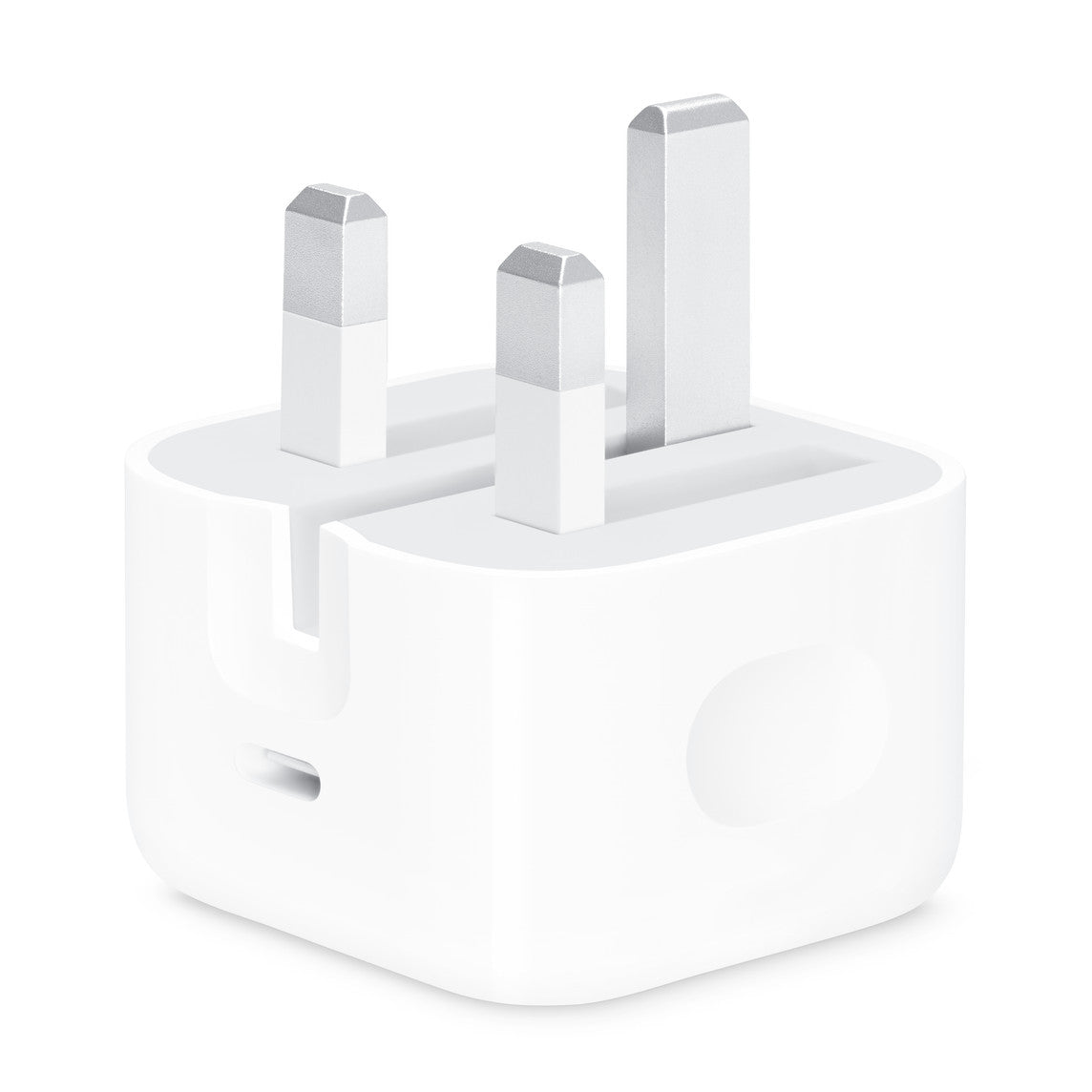 ide profile view of a white Apple 20W USB-C power adapter, highlighting its sleek glossy finish, compact rectangular shape, and fixed thick wall prongs.
