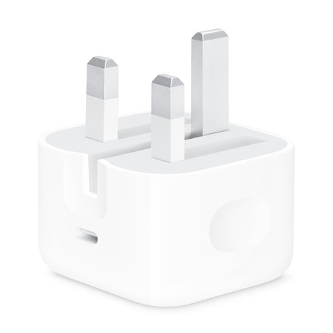 ide profile view of a white Apple 20W USB-C power adapter, highlighting its sleek glossy finish, compact rectangular shape, and fixed thick wall prongs.