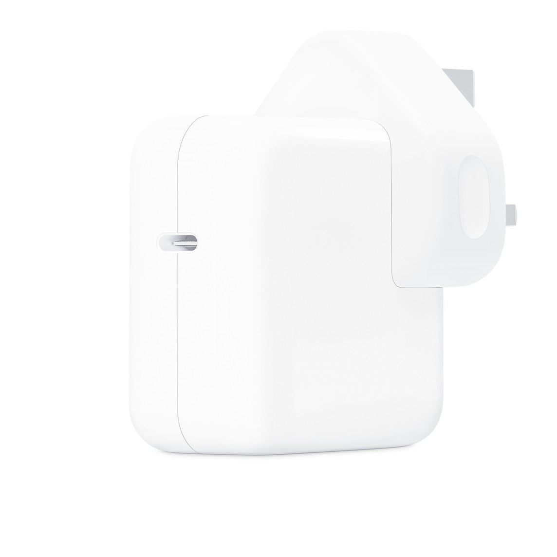 Front combo view of an Apple 30W USB-C power adapter standing upright next to its clean white retail box, showcasing the iconic glossy finish and minimalist packaging graphics.