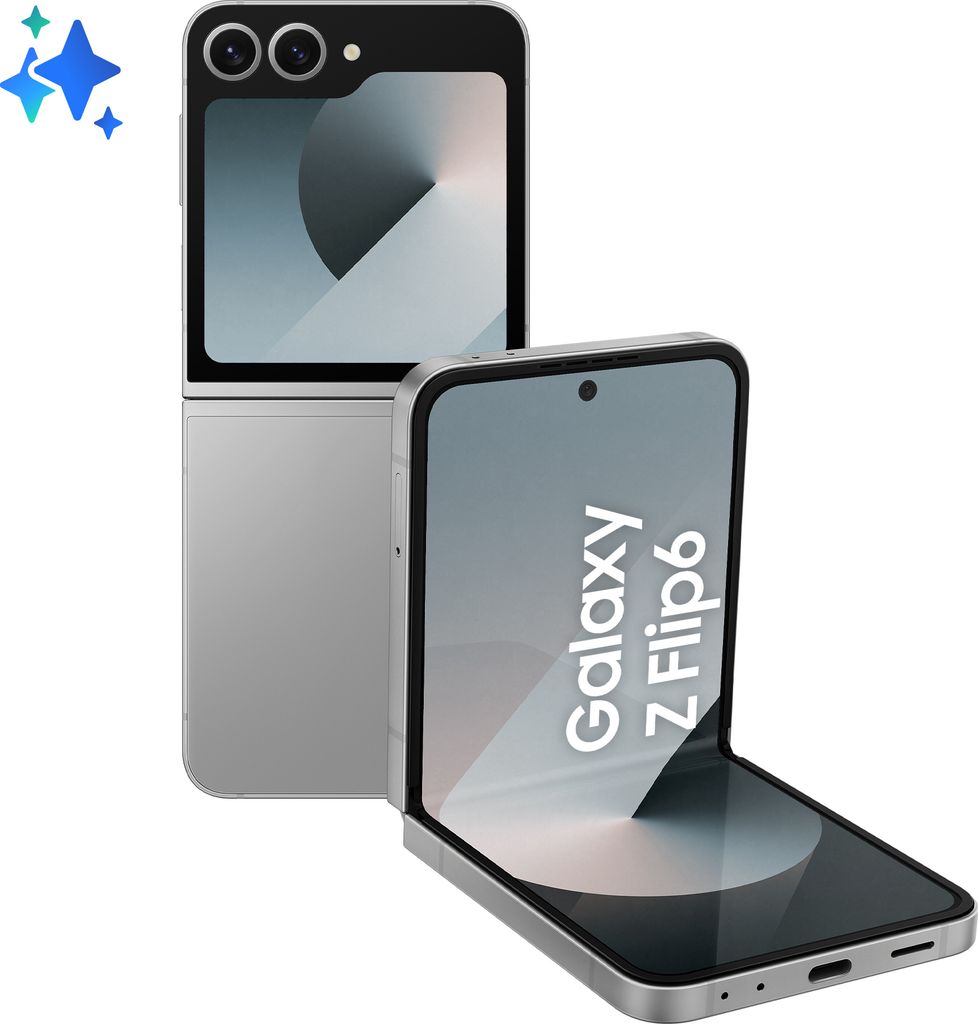 Front view of the fully unfolded Samsung Galaxy Z Flip 6, showcasing the vibrant, seamless flexible AMOLED main display with ultra-narrow bezels and a minimized center crease.