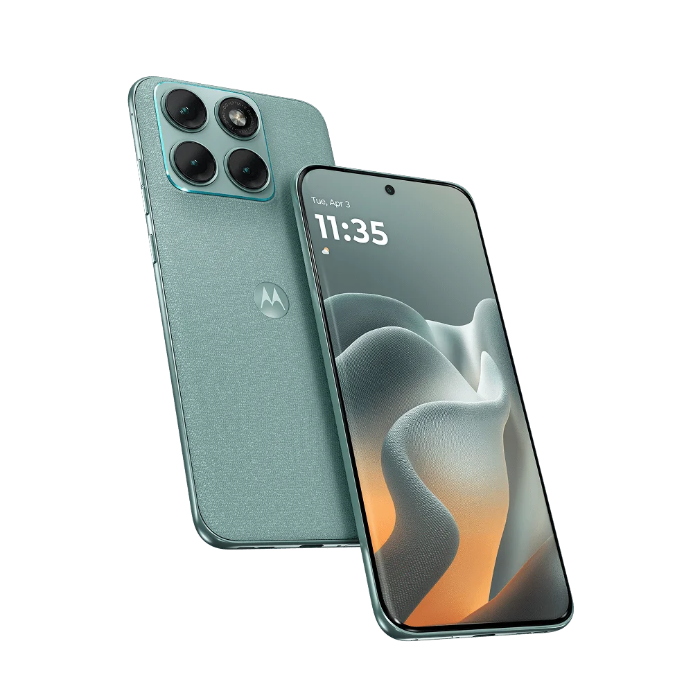 Two Motorola-Edge-70-Fusion-5g smartphones, one green and one with a gradient display, on a white background.