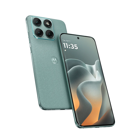 Two Motorola-Edge-70-Fusion-5g smartphones, one green and one with a gradient display, on a white background.