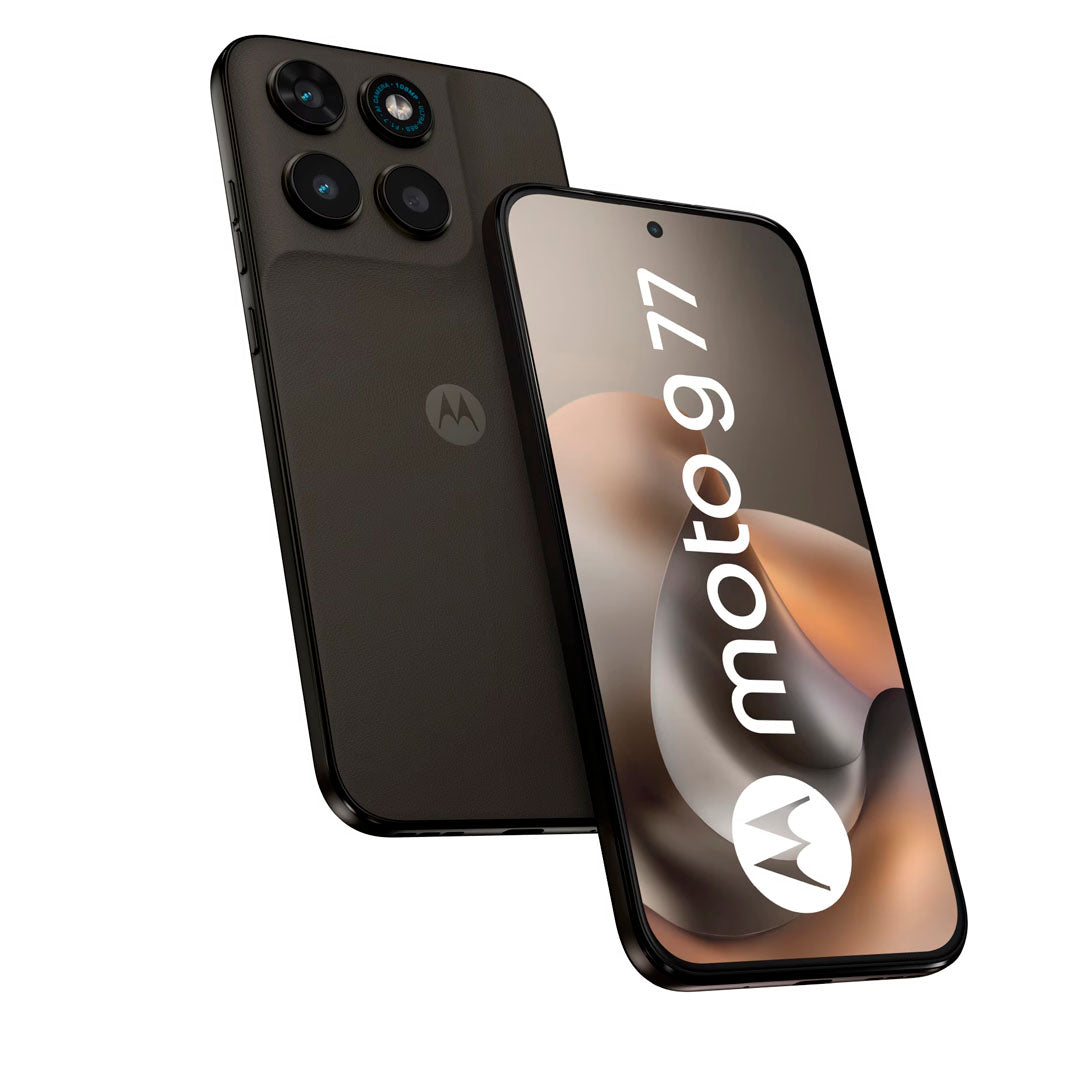 Motorola smartphone with 'moto g77' branding on a white background