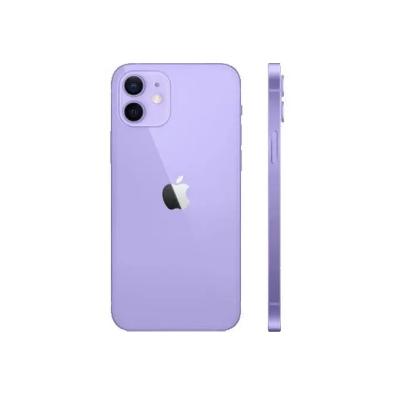 Purple iPhone 12 with dual camera, sleek design, Apple logo visible on back