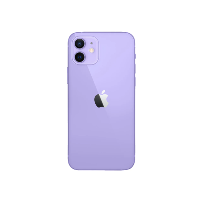 Purple iPhone 12 with dual camera and Apple logo, sleek design for mobile use