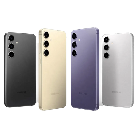 Four Samsung S24 smartphones in black, gold, purple, and silver on a white background
