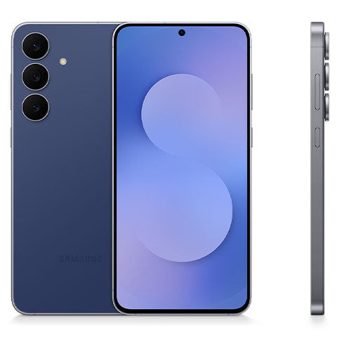 Front and back view of the Samsung Galaxy S25 FE smartphone, showcasing the large flat display with centered punch-hole camera and the clean matte-finish rear panel with floating camera rings.