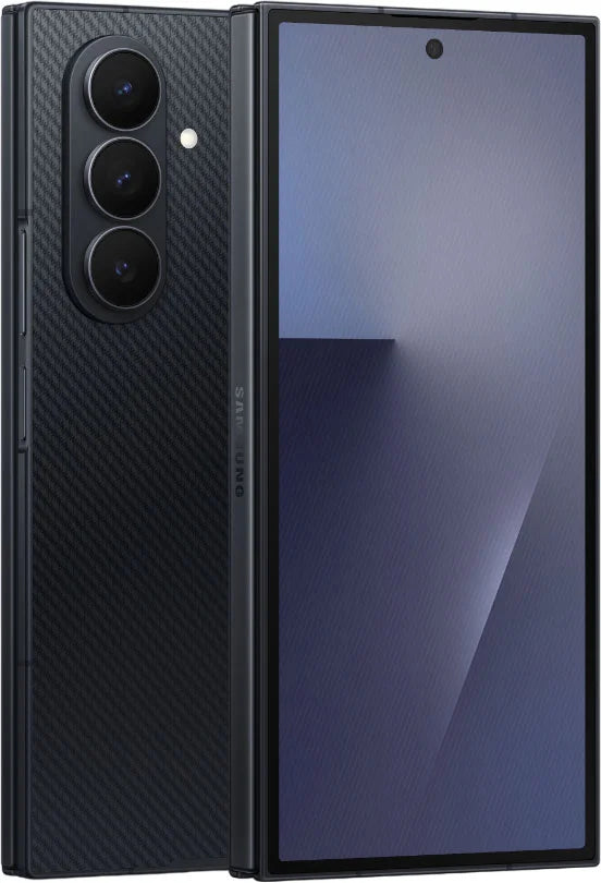 Black smartphone with a carbon fiber texture on the back. Front view of the fully unfolded Samsung Galaxy Tri-Fold smartphone, showcasing the massive, seamless triple-folding flexible AMOLED display in tablet mode with ultra-thin bezels.