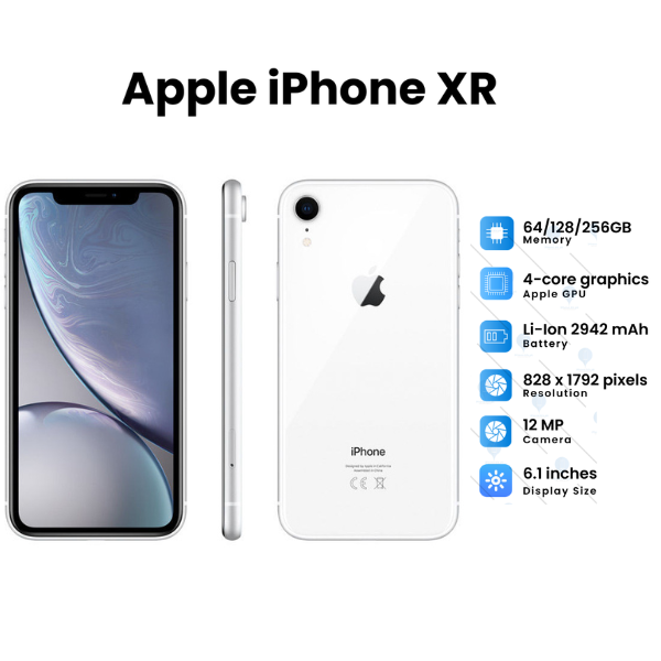 Studio combo view of a pre-owned iPhone XR in mint condition, displaying the pristine front glass panel, unblemished colour-matched aluminum side rails, and a scuff-free rear chassis.