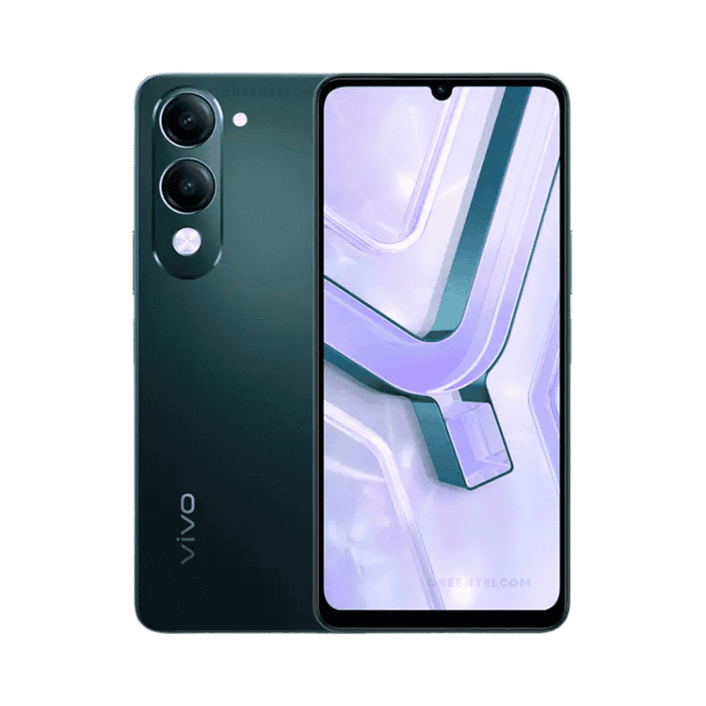 Front and back view of Vivo Y04s smartphone showing its waterdrop notch display and single rear camera with flash, isolated on a white background.
