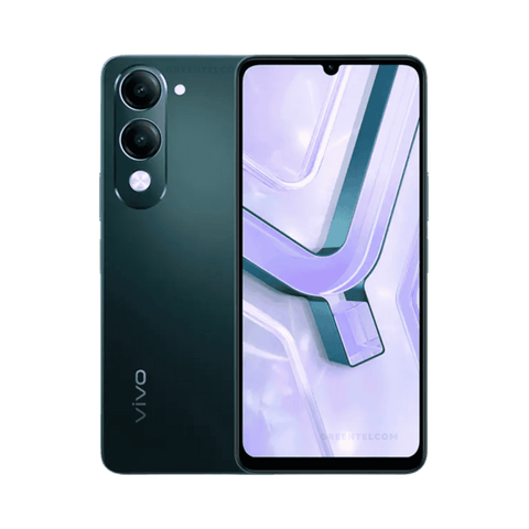 Front and back view of Vivo Y04s smartphone showing its waterdrop notch display and single rear camera with flash, isolated on a white background.