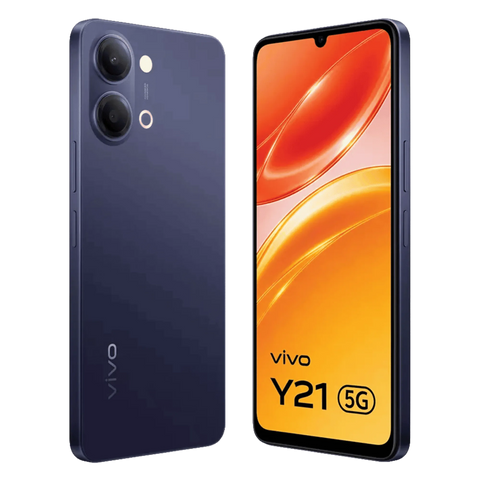 Vivo Y21 5G smartphone showing back and front views on a white background
