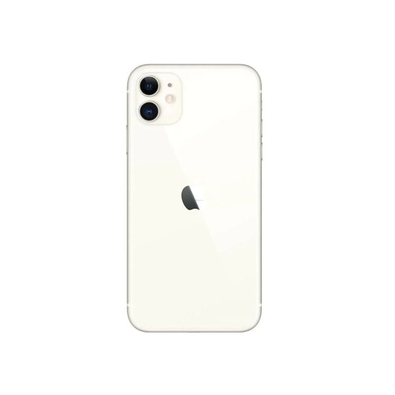 White iPhone 11 with dual camera and Apple logo, sleek design for mobile use