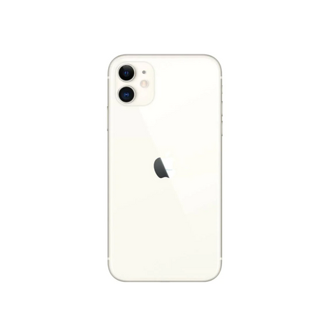 White iPhone 11 with dual camera and Apple logo, sleek design for mobile use