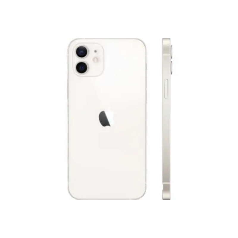 White iPhone 12 with dual camera, sleek design, Apple logo visible, side view showing buttons