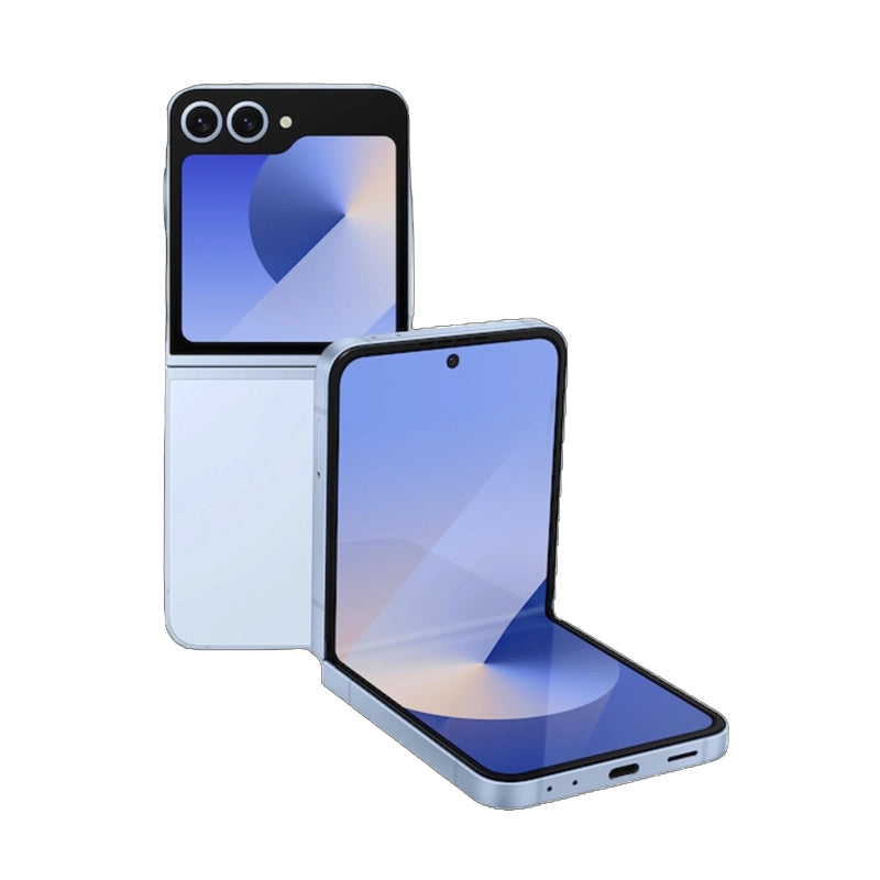 Combo view of Samsung Galaxy Z Flip 6, showing the vibrant 6.7-inch unfolded inner display alongside its compact, folded outer design.