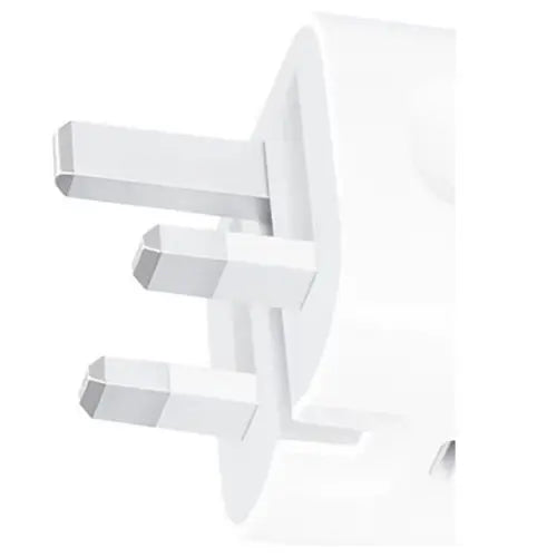 White office chair with a minimalist design on a white background. Front view of the official Apple 20W USB-C power adapter, showcasing the minimalist white square block design with a single high-speed USB-C charging port.