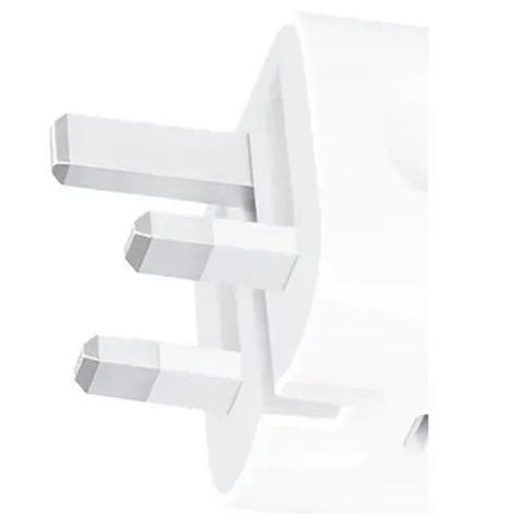 White office chair with a minimalist design on a white background. Front view of the official Apple 20W USB-C power adapter, showcasing the minimalist white square block design with a single high-speed USB-C charging port.
