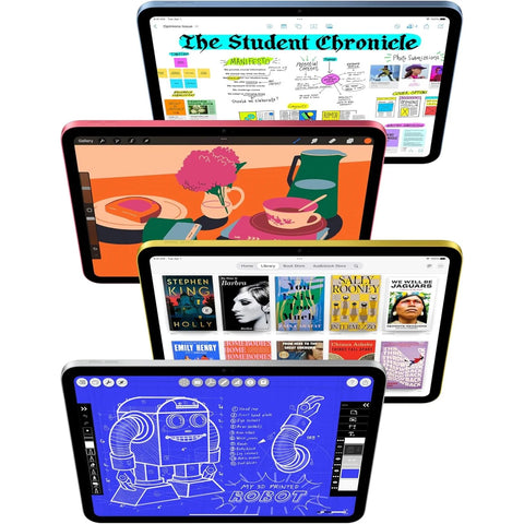 Multiple tablets displaying different screens on a white background. Side profile view of the ultra-slim 11-inch Apple iPad Air M3 Wi-Fi tablet, showing the magnetic charging strip for Apple Pencil on its premium aluminum edge.