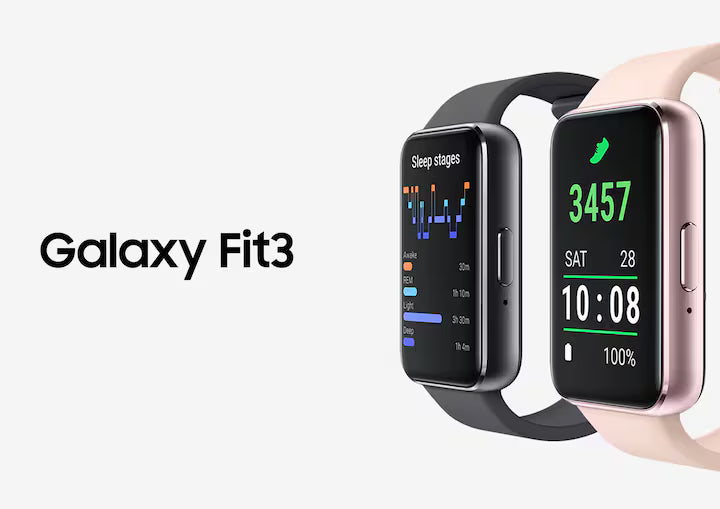 Side view of Samsung Galaxy Fit 3 fitness tracker, highlighting its ultra-thin profile and curved 1.6" AMOLED display edge.