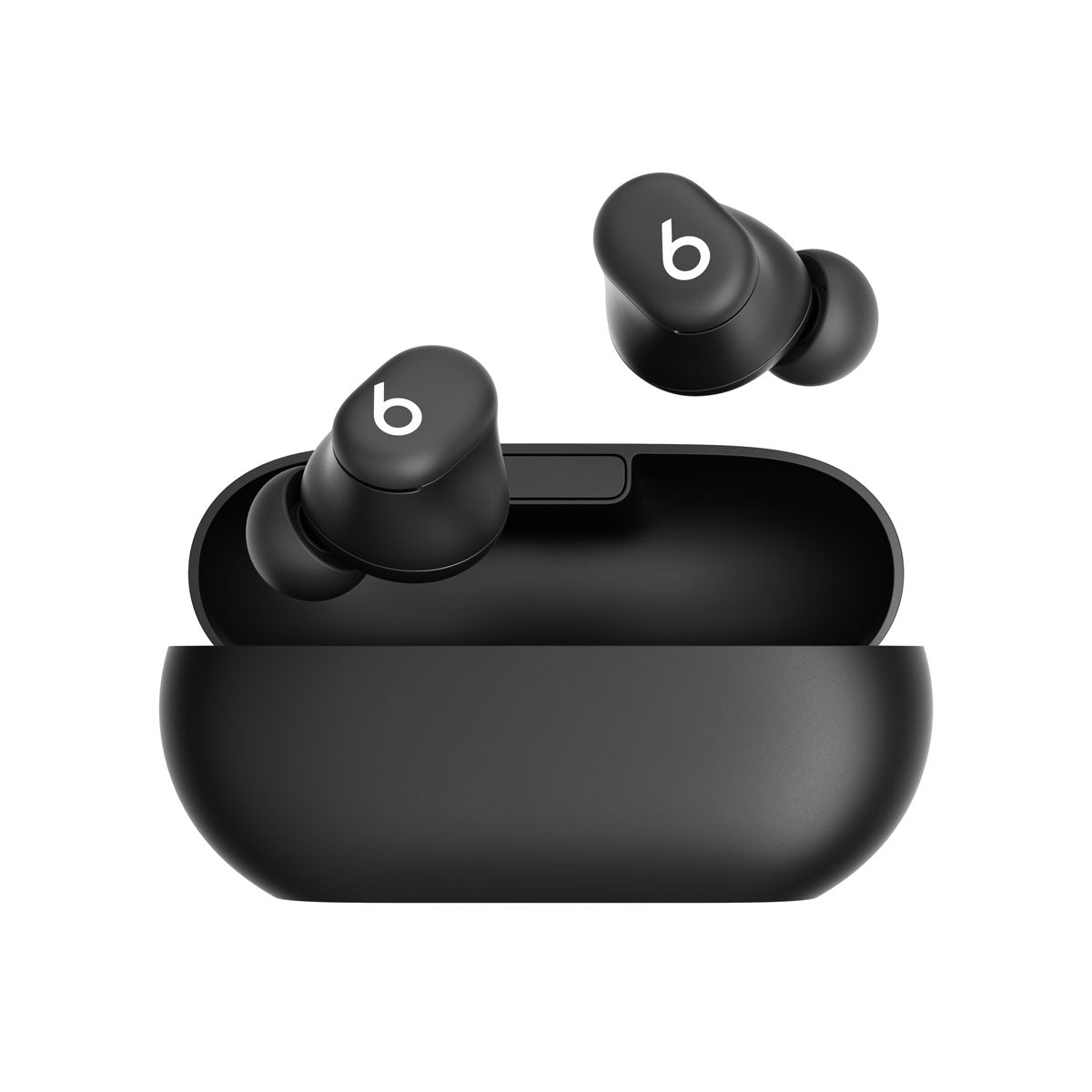 Front profile of Beats Solo Buds earbuds, displaying the ergonomic housing, ear tips, and iconic 'b' logo control button.