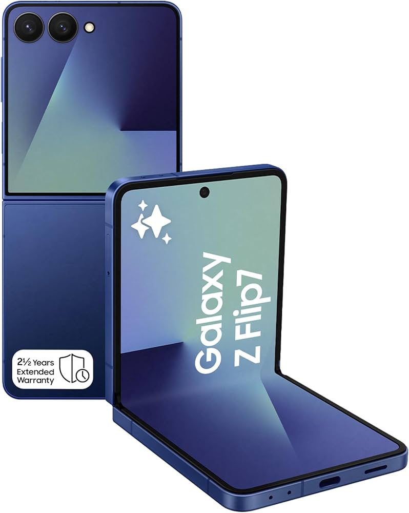 Combo view of a factory unlocked Galaxy Z Flip 7, showing the vibrant unfolded inner screen alongside its compact, folded exterior design.