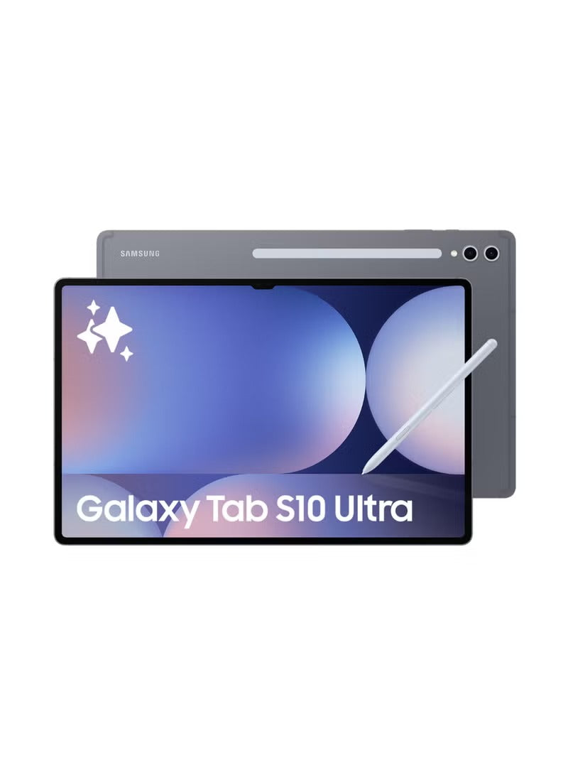 Samsung Galaxy Tab S10 Ultra tablet with stylus on a white background. Front view of the Samsung Galaxy Tab S10 Ultra X926 5G, showcasing the massive 14.6-inch Dynamic AMOLED 2X display with ultra-thin bezels and the signature dual front camera notch.