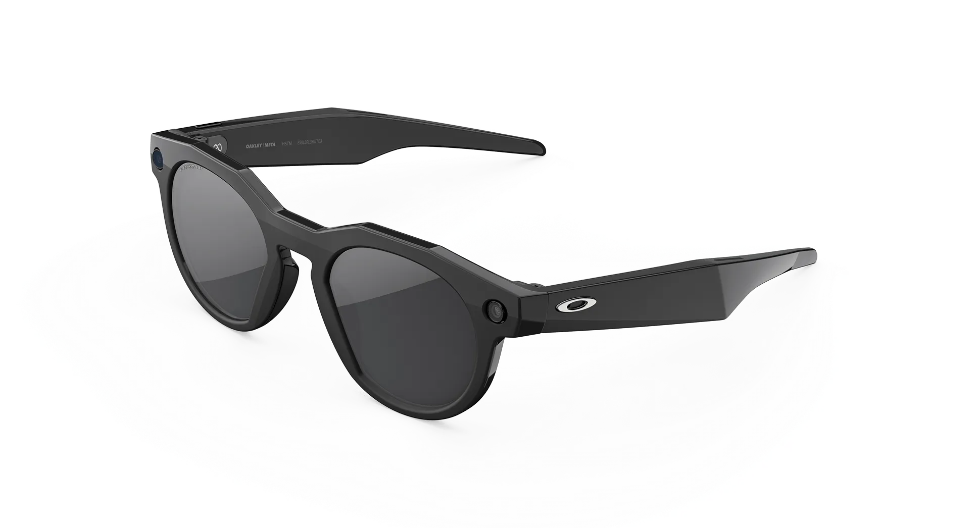 Black sunglasses with a white background Side profile of Oakley HSTN smart glasses, highlighting the open-ear audio stem, touch controls, and front camera bezel.