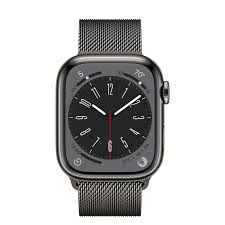 Front view of Apple Watch Series 8 featuring an Always-On Retina display with an active fitness tracking watch face, isolated on a white background.