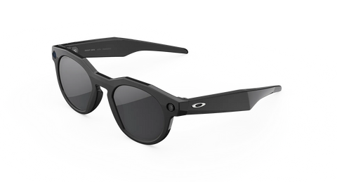 Black sunglasses with a white background Side profile of Oakley HSTN smart glasses, highlighting the open-ear audio stem, touch controls, and front camera bezel.