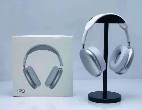 Front-facing view of Echo-Wave P9 wireless headphones, showcasing the symmetrical mesh headband design, rectangular ear cups, and sleek metallic arm extensions.